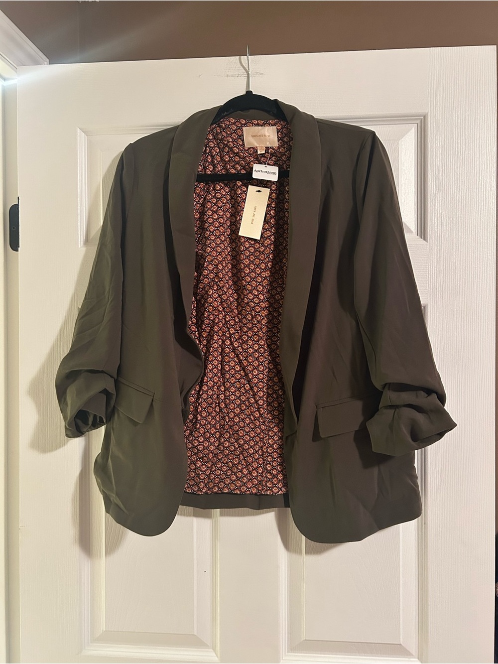 Skies Are Blue Olive Green Open-Front Blazer with Printed Lining